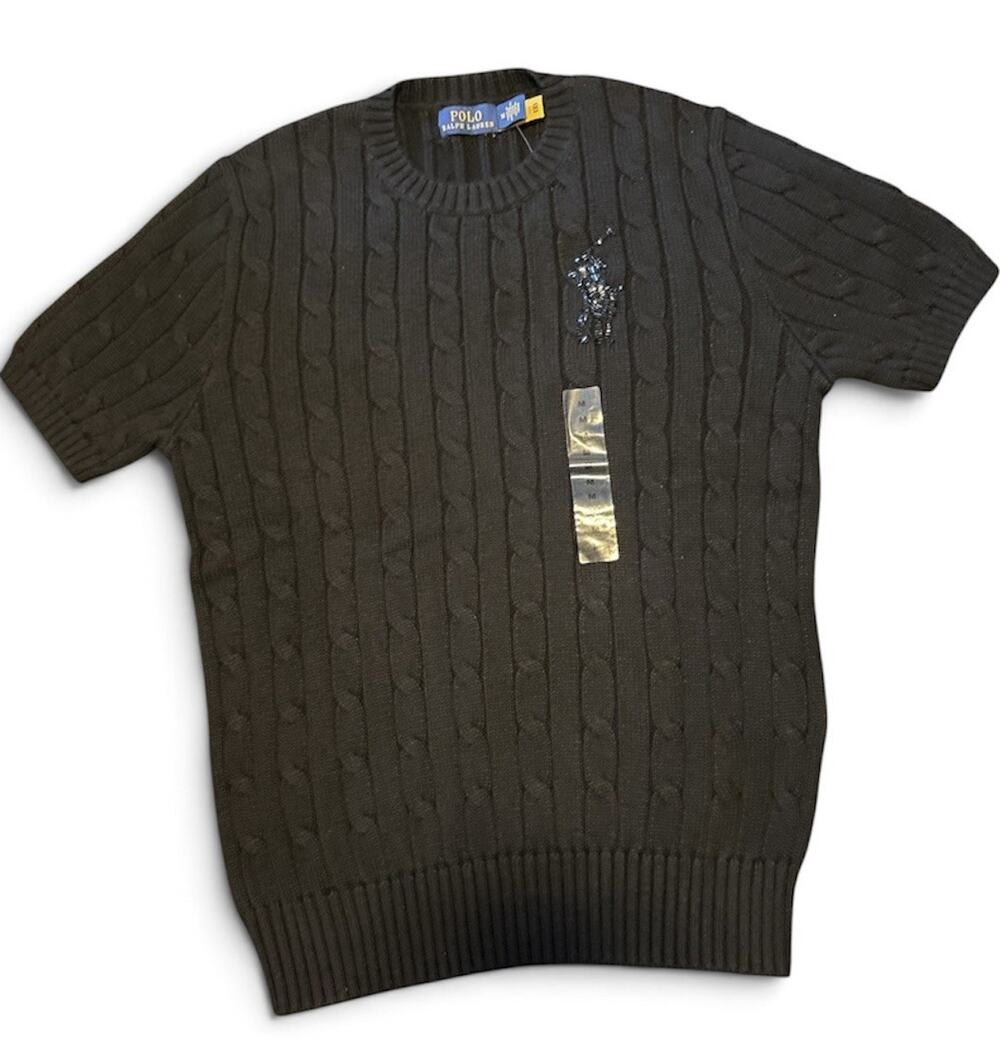 Women's Polo Ralph Lauren Short Sleeve Cable Knit Crewneck Sweater in Black